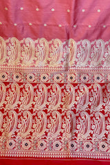 Gold Zari Handloom Kadhua Banarasi Shalu Silk Satin Saree - Small Border - Sangita - All Gold Zari - Peach Red