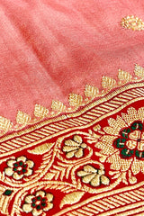 Gold Zari Handloom Kadhua Banarasi Shalu Silk Satin Saree - Small Border - Sangita - All Gold Zari - Peach Red