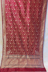 HOV EXCLUSIVE REAL ZARI HANDLOOM BANASARI KATAN SILK SAREE - JAANGLA BEL DESIGN - RED - 119