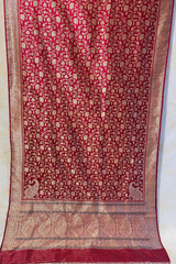 HOV EXCLUSIVE REAL ZARI HANDLOOM BANASARI KATAN SILK SAREE - JAANGLA BEL DESIGN - RED - 119