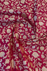 HOV EXCLUSIVE REAL ZARI HANDLOOM BANASARI KATAN SILK SAREE - JAANGLA BEL DESIGN - RED - 119