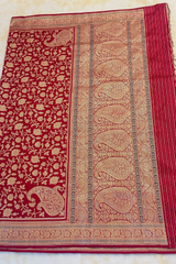 HOV EXCLUSIVE REAL ZARI HANDLOOM BANASARI KATAN SILK SAREE - JAANGLA BEL DESIGN - RED - 119