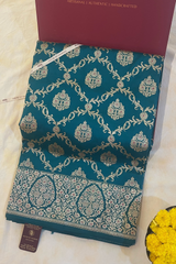 HOV EXCLUSIVE REAL ZARI HANDLOOM BANARASI KATAN SILK SAREE - JAANGLA - CHECKERED - PEACOCK GREEN - 115