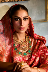 HOV EXCLUSIVE REAL ZARI HANDLOOM BANASARI KATAN SILK SAREE - JAANGLA BEL DESIGN - RED - 119