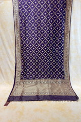 HOV Exclusive Pure Zari Handloom Banarasi Silk Saree - Midnight Blue Checkered Jaangla Sona Rupa - 096