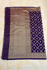 HOV Exclusive Pure Zari Handloom Banarasi Silk Saree - Midnight Blue Checkered Jaangla Sona Rupa - 096