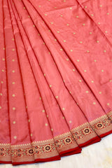 Gold Zari Handloom Kadhua Banarasi Shalu Silk Satin Saree - Small Border - Sangita - All Gold Zari - Peach Red