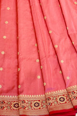 Gold Zari Handloom Kadhua Banarasi Shalu Silk Satin Saree - Small Border - Sangita - All Gold Zari - Peach Red
