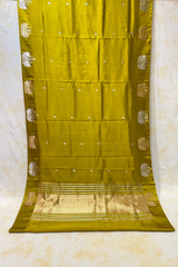 HOV Handloom Banarasi Katan Silk Saree - Butidar Kadhua - Dove Border- Mehendi Gold- 060