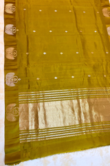 HOV Handloom Banarasi Katan Silk Saree - Butidar Kadhua - Dove Border- Mehendi Gold- 060
