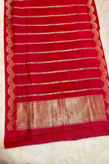 HOV Handloom Banarasi Katan Silk Saree - Butidar Kadhua - Scallop Border Stripe Red- 065