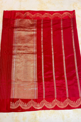 HOV Handloom Banarasi Katan Silk Saree - Butidar Kadhua - Scallop Border Stripe Red- 065