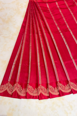 HOV Handloom Banarasi Katan Silk Saree - Butidar Kadhua - Scallop Border Stripe Red- 065