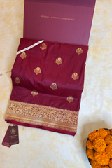 HOV Handloom Banarasi Katan Silk Saree - Butidar Kadhua - Deep Brown Minakari Green Pink- 061