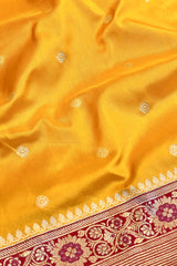 All Gold Zari Handloom Kadhua Banarasi Shalu Silk Satin Saree - Small Border - Sangita - All Gold Zari - Yellow Red