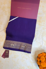 HOV Handloom Banarasi Crepe Silk Saree - Plain Body With Border - Dark Blue- 072