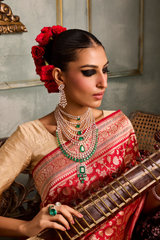 HOV EXCLUSIVE REAL ZARI HANDLOOM BANASARI KATAN SILK SAREE - JAANGLA BEL DESIGN - RED - 119