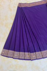 HOV Handloom Banarasi Crepe Silk Saree - Plain Body With Border - Dark Blue- 072