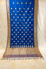 HOV Handloom Banarasi Katan Silk Saree - Butidar - Paisley Buta Blue Gold Border - 099
