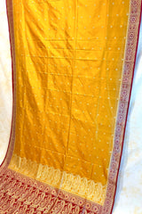 All Gold Zari Handloom Kadhua Banarasi Shalu Silk Satin Saree - Small Border - Sangita - All Gold Zari - Yellow Red