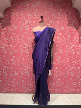 HOV HANDLOOM CHANDERI SAREE - PLAIN STRIPE TEAL - PURPLE - 096