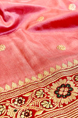 Gold Zari Handloom Kadhua Banarasi Shalu Silk Satin Saree - Small Border - Sangita - All Gold Zari - Peach Red