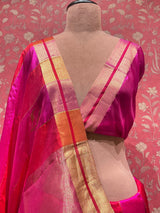 Handloom Chanderi Silk Saree - Peacock Feather - Pink