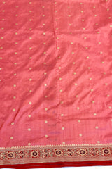 Gold Zari Handloom Kadhua Banarasi Shalu Silk Satin Saree - Small Border - Sangita - All Gold Zari - Peach Red
