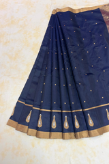 HOV Handloom Chanderi Silk Saree - Border Paisley Buta - Dark Blue - 54-03-04