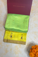 HOV Handloom Chanderi Silk Saree - Fresh Green Yellow Paisley Buta- 094