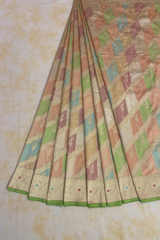 HOV Exclusive Handloom Banarasi Katan Silk Saree - Checks - Rangakat- Off White Green - 107