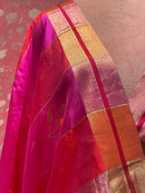 Handloom Chanderi Silk Saree - Peacock Feather - Pink
