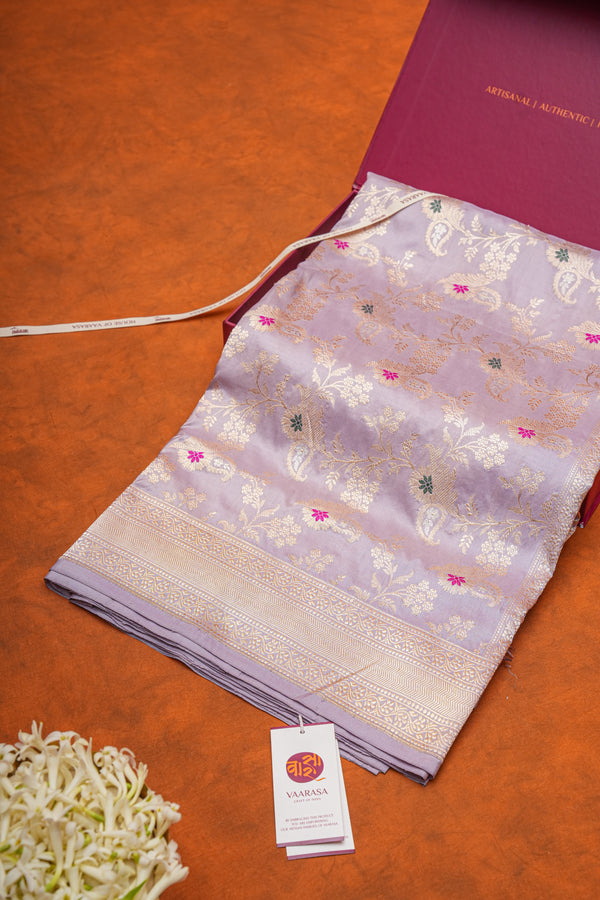 Handloom Kadhua Banarasi Katan Silk Saree - Jaal - Light Violet Minedar Floral