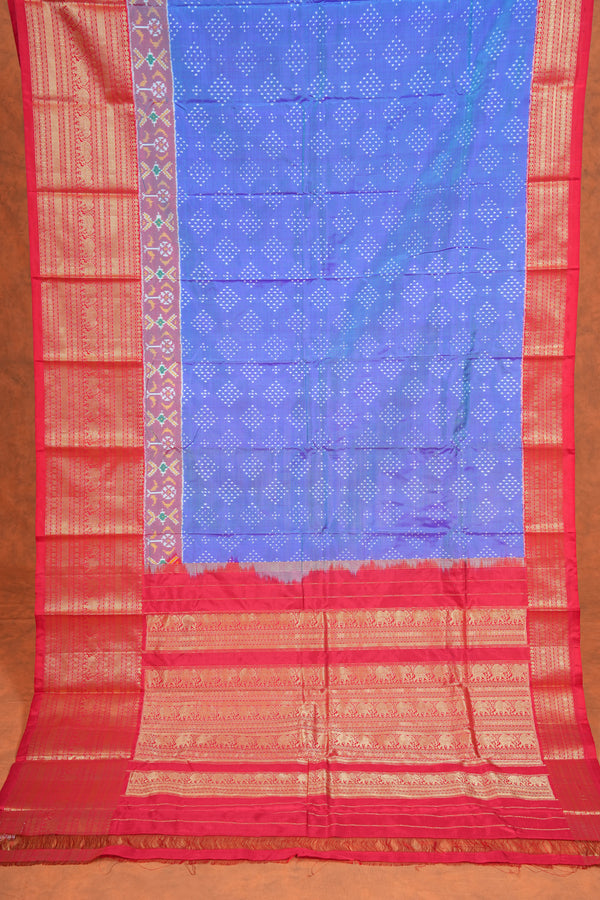 Handloom Ikat Silk Sree - Blue Red Kanchi Border