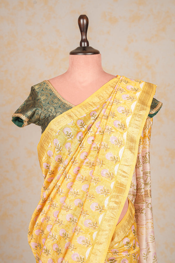 Cotton Hand Block Print Saree With Zari Border- Yellow