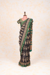 Cotton Hand Block Print Saree With Zari Border- Black