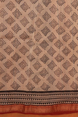 Cotton Hand Block Print Saree With Zari Border - Red Off White