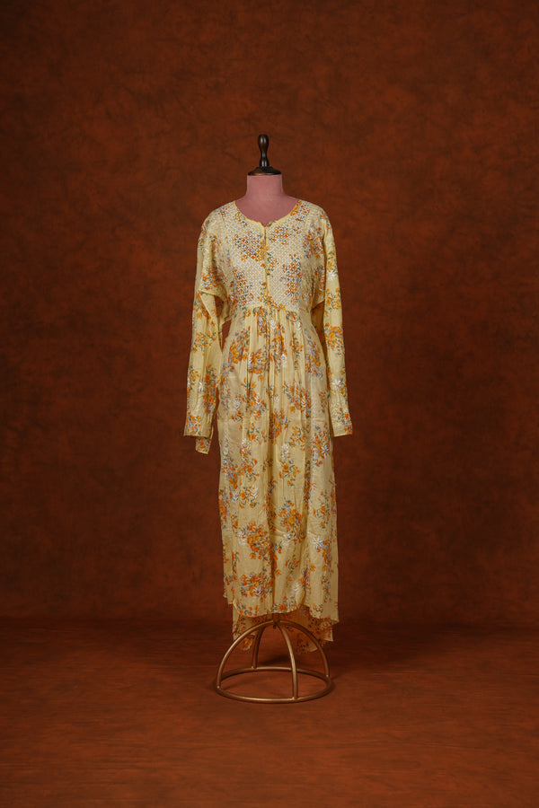 Chikankari Pure Mul Mul Dress Printed Set - Yellow
