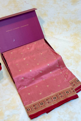 Gold Zari Handloom Kadhua Banarasi Shalu Silk Satin Saree - Small Border - Sangita - All Gold Zari - Peach Red