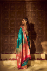 Gold Zari Handloom Kadhua Banarasi Shalu Silk Satin Saree - Small Border - Sangita- Pink Green