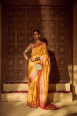All Gold Zari Handloom Kadhua Banarasi Shalu Silk Satin Saree - Small Border - Sangita - All Gold Zari - Yellow Red