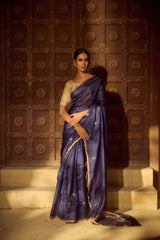 Handloom Silk Chanderi Saree - Mini Round Buta With Red Mina - Dark Blue
