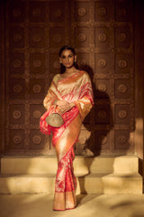 Handlloom Kadhua Banarasi Tissue Silk Saree- Big Border - Red