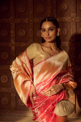 Handlloom Kadhua Banarasi Tissue Silk Saree- Big Border - Red