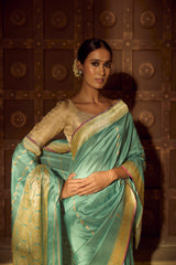 Real Zari Handloom Kadhua Banarasi Shalu Silk Saree - Sangita Laxmi - Powder Blue