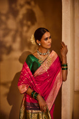 Handloom Kadhua Banarasi Shalu Saree - Sangita Laxmi- Pink Green