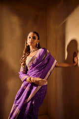 Handloom Kadhua Banarasi Saree - Purple Silver Buti