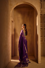 Handloom Kadhua Banarasi Saree - Purple Silver Buti