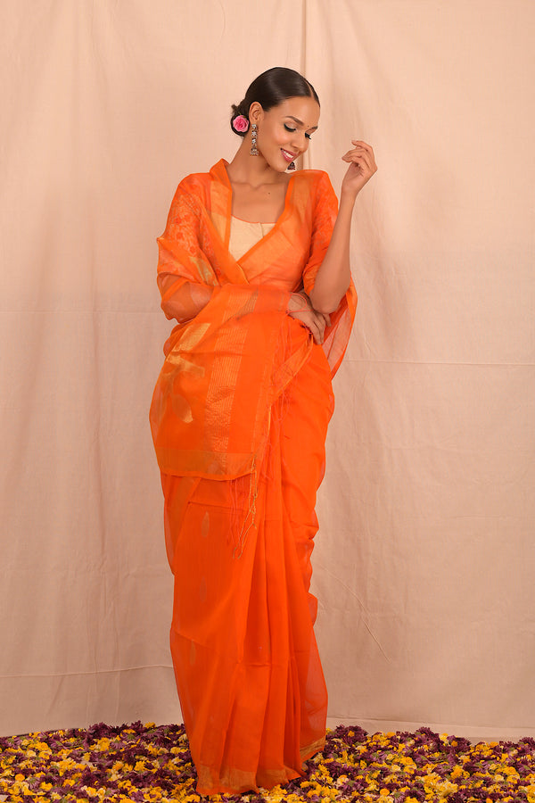 Handwoven Orange Muslin Jamdani Saree
