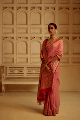 Gold Zari Handloom Kadhua Banarasi Shalu Silk Satin Saree - Small Border - Sangita - All Gold Zari - Peach Red